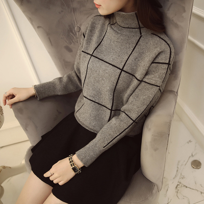 2016春装新款韩版女装毛衣女宽松套头加厚短款高领格子长袖针织衫