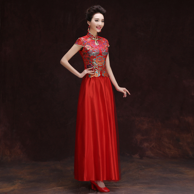 中式敬酒服2016新款新娘旗袍短袖长款显瘦修身红色结婚礼服女夏装