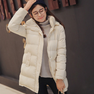 大脸猫2015年冬季新款韩版连帽立领保暖纯色中长款羽绒棉服女