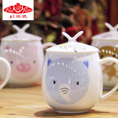 唐山红玫瑰 骨质陶瓷 创意儿童卡通杯 带盖 咖啡牛奶水杯子