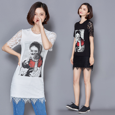 夏季女学院风韩版2016新款时尚T恤衫中长款白搭印花针织蕾丝衫