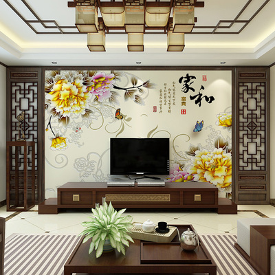 中式电视背景墙壁纸客厅卧室3d无纺布墙纸牡丹大型壁画无缝墙布