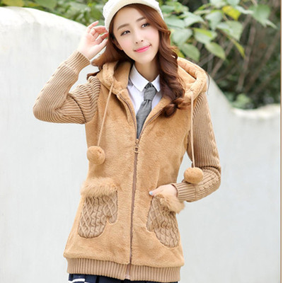实拍冬季新款韩版少女学生装外套仿兔毛皮草中长款连帽毛绒外套潮