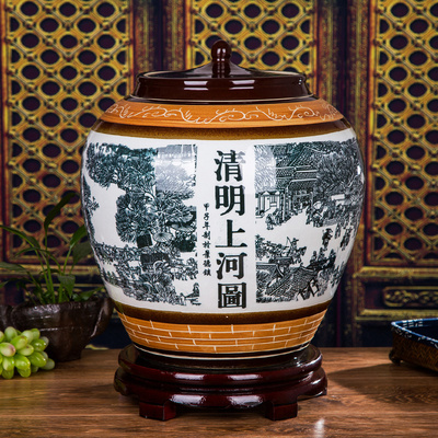 景德镇陶瓷米缸米桶50斤带盖储物罐酒坛大水缸油缸清明上河图直筒