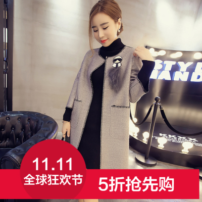 2015秋冬装新款韩版中长款呢子大衣老头挂件七分袖修身毛呢外套女