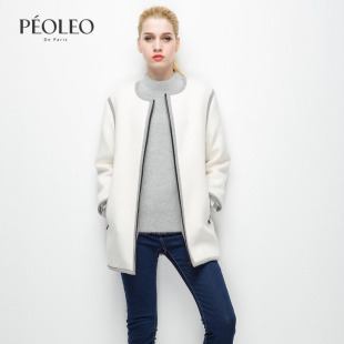 Peoleo飘蕾秋冬装新款白色中长款羊毛呢子大衣女修身宽松毛呢外套