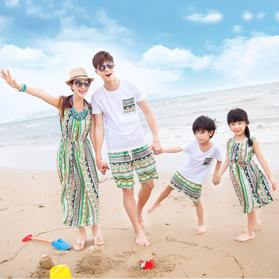 亲子装夏一家三四口海边度假沙滩裙母女连衣长裙父子母子大码套装