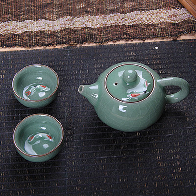 精品龙泉青瓷彩鲤鱼壶一壶二杯陶瓷茶壶功夫茶具套装整套功夫茶杯