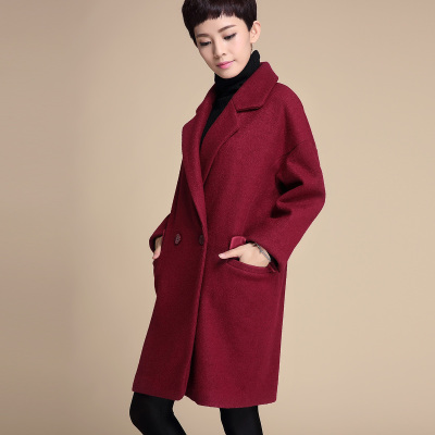 例秀2015冬韩版宽松茧型中长款西装领双排扣毛呢外套女大衣51125