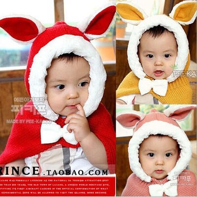 韩国秋冬新款卡通兔耳朵造型儿童毛线连体帽宝宝毛线帽披肩帽批发