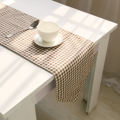 棉麻桌旗现代简约两色格子茶几旗桌布北欧宜家日式清新茶席柜巾