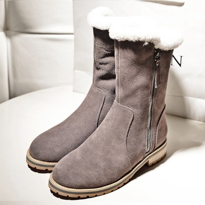 2015年最新韩版中长筒平底加羊毛保暖雪地靴真皮女靴拉链个性潮