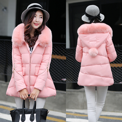 2015冬装韩版女装羽绒棉服中长款A字版加厚毛领斗篷型学生女外套