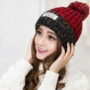 帽子女韩版潮秋冬时尚保暖针织毛线帽标签贴布可爱混色冬天男女帽