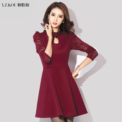2015韩版秋季新款大码女装气质时尚长袖修身蕾丝拼接显瘦连衣裙女