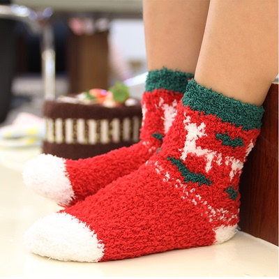 圣诞袜地板袜成人 睡眠袜珊瑚绒袜子加厚毛巾袜可爱保暖家居短袜