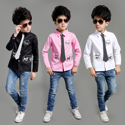 男童秋装新款衬衣韩版 儿童纯色领带长袖衬衫2015潮 儿童领带衬衫