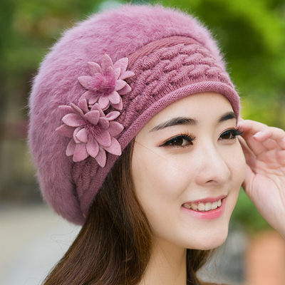 中老年帽子女冬天韩版时尚妈妈兔毛帽纯色贝雷帽保暖针织毛线冬帽