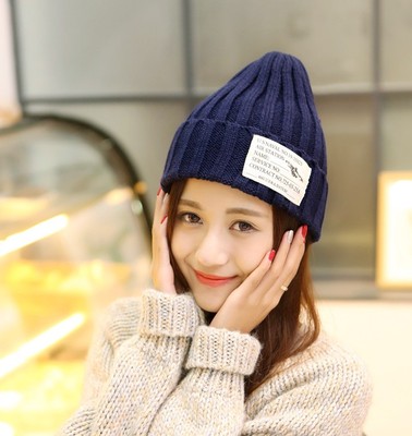2015韩国代购秋冬纯色贴布卷边针织毛线帽 韩版保暖帽潮男女冬季