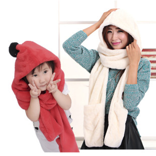 2016韩版亲子保暖毛毛绒儿童秋冬天女童帽子围巾手套三件套装一体