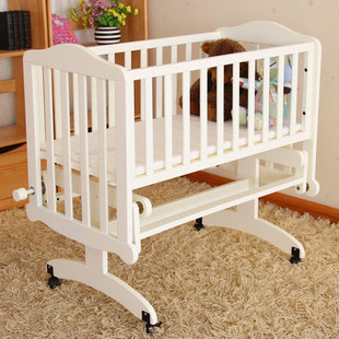 包邮出口实木奶白色欧式婴儿摇床 高档婴儿床宝宝推床 环保儿童床