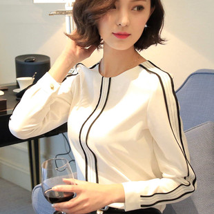 条纹打底衫2016秋装新款韩版修身显瘦女装圆领衬衫长袖雪纺上衣