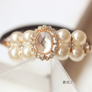 韩国珍珠发圈闪亮水钻发绳气质款头花时尚大颗珍珠走秀发圈发饰品