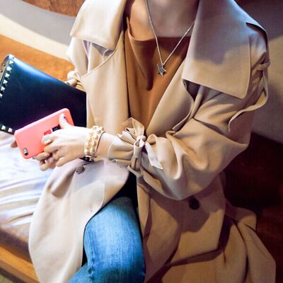 2015韩版春季新款时尚休闲纯色卡其风衣中长款大码宽松外套女装潮