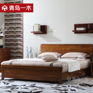 青岛一木 全实木床1.8米胡桃木床 现代中式双人床 高箱体储物床
