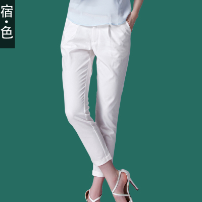 宿色女装2014夏季新款韩版白色休闲九分裤 韩版OL通勤中腰裤子