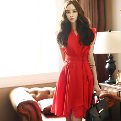 成色雪纺连衣裙2015夏季女装裙子连身裙仙韩版女神气质红色连衣裙