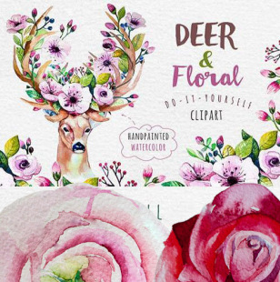 高清手绘北欧风格水彩麋鹿与花卉植物插画插图印染印刷装饰画心