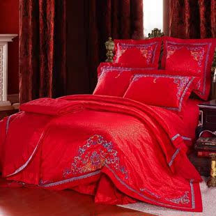 新婚结婚婚庆床上用品四件套大红色绣花刺绣全棉床单被套贡缎提花