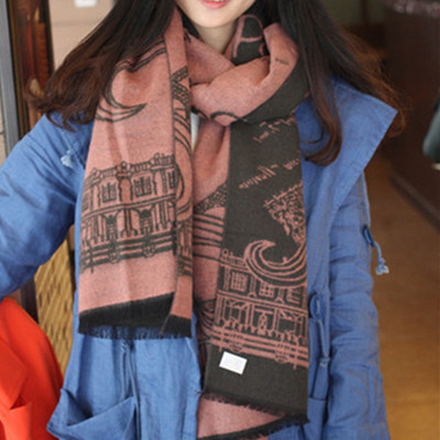 秋冬新款韩版女士大牌围巾法国埃菲尔铁塔双色羊绒 围巾披肩两用
