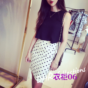 衣柜06 2015新款女装夏季韩版气质纯色背心+波点半身包裙套装包邮