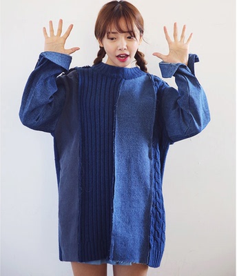 韩国官网东大门复古学院风牛仔拼接针织女 设计感中长款毛衣