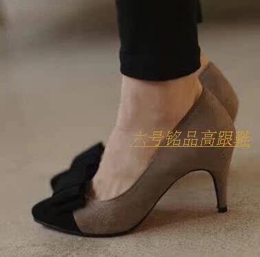 韩国公主新款拼色蝴蝶结尖头浅口高跟鞋细跟甜美舒适百搭中跟女鞋