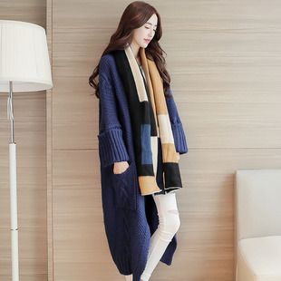 2016秋季新品女装长袖中长款韩版宽松口袋毛衣针织开衫线衣外套