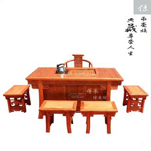 传承仿古馆 实木仿古家具 将军台功夫茶桌 中式榆木茶桌椅组合