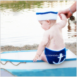 婴儿衣服小海军造型宝宝0-1岁摄影服装 新生儿满月百天照手工道具