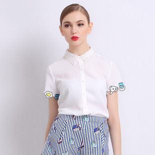 2016夏人气新款女装韩版拼接俏皮雪纺大码短袖纯色白衬衫简约时尚