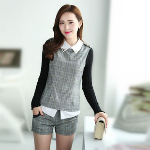 2014秋季韩版女装OL格子衬衫领长袖短裤休闲套装