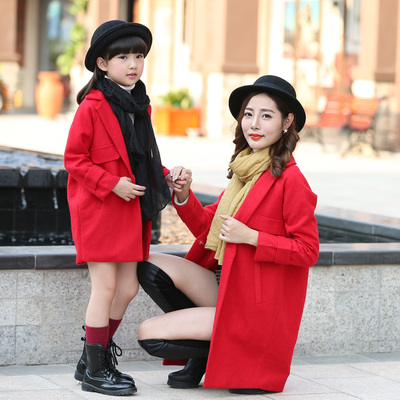 亲子装秋冬装2015新款中长款母女装红色呢子外套