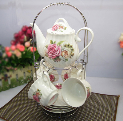 陶瓷欧式咖啡杯套装茶具9头结婚礼物送铁架骨瓷厨房咖啡壶4杯碟