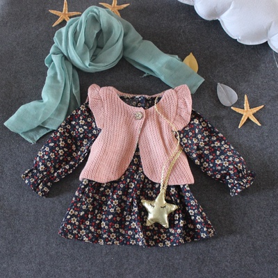 女童春秋装套装两件套韩版碎花幼小女童连衣裙+针织毛线外套0-3岁