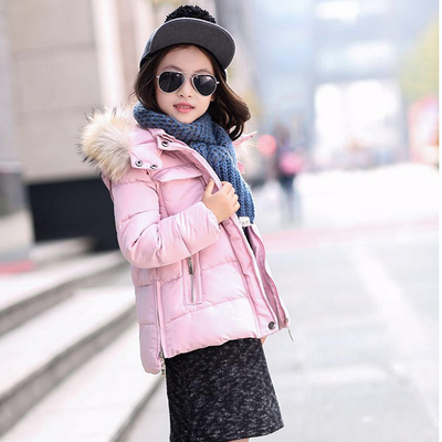 2015冬款韩版女童粉色蓝色棉衣真毛领中小童保暖收腰加厚连帽棉袄