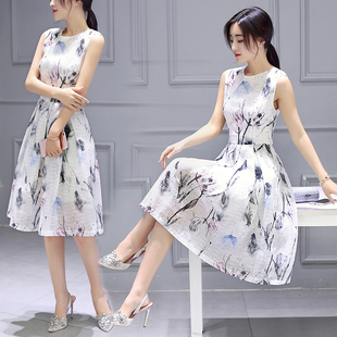 无袖圆领2016年夏季新款韩版印花中长款修身显瘦连衣裙