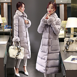 冬装新款韩版加厚长袖獭兔毛领修身中长款羽绒服女大码立领外套