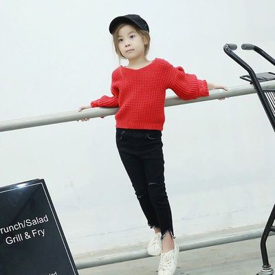 2016秋季新款童装  时尚韩版中大童女童 纯色鸡心领灯笼袖毛衣