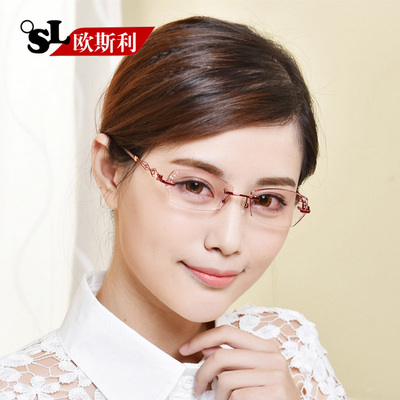 欧斯利时尚钻石切边眼镜钛合金女士无框近视变色眼镜 商务眼睛框